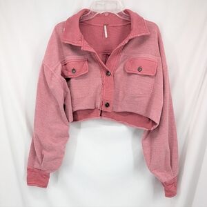 Free People Cropped Button Down Shirt Jacket Elbow Patches Distressed Pink XS